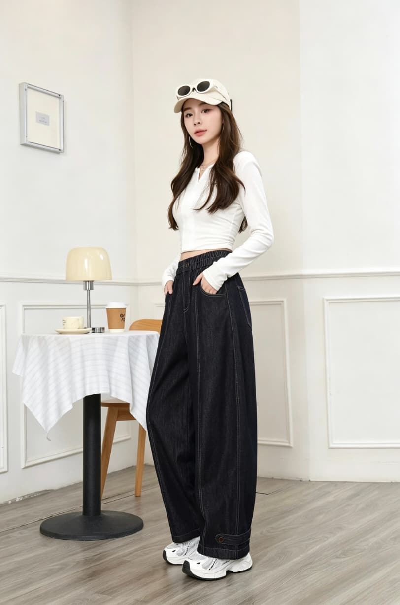 2026 년 가을 새로운 문예 바람 데님 와이드 레그 팬츠 빅 사이즈 바지 상세 이미지 6