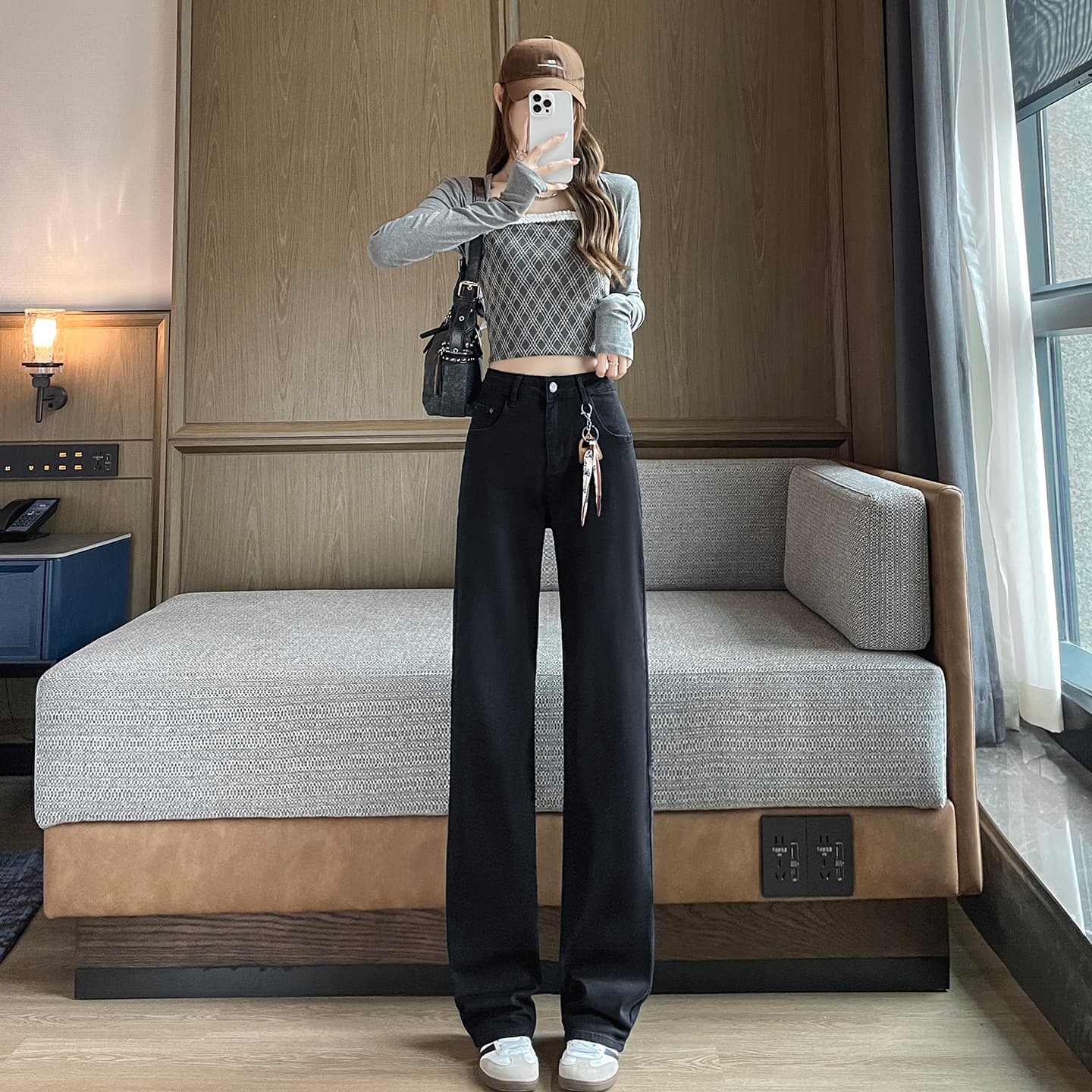 새로운 패션 데님 좁은 에디션 와이드 레깅스 바지 2026 년 가을 하이웨이스트 슬림해 보이는 도루 센스 표지 스트레이트 긴 바지 이미지 2