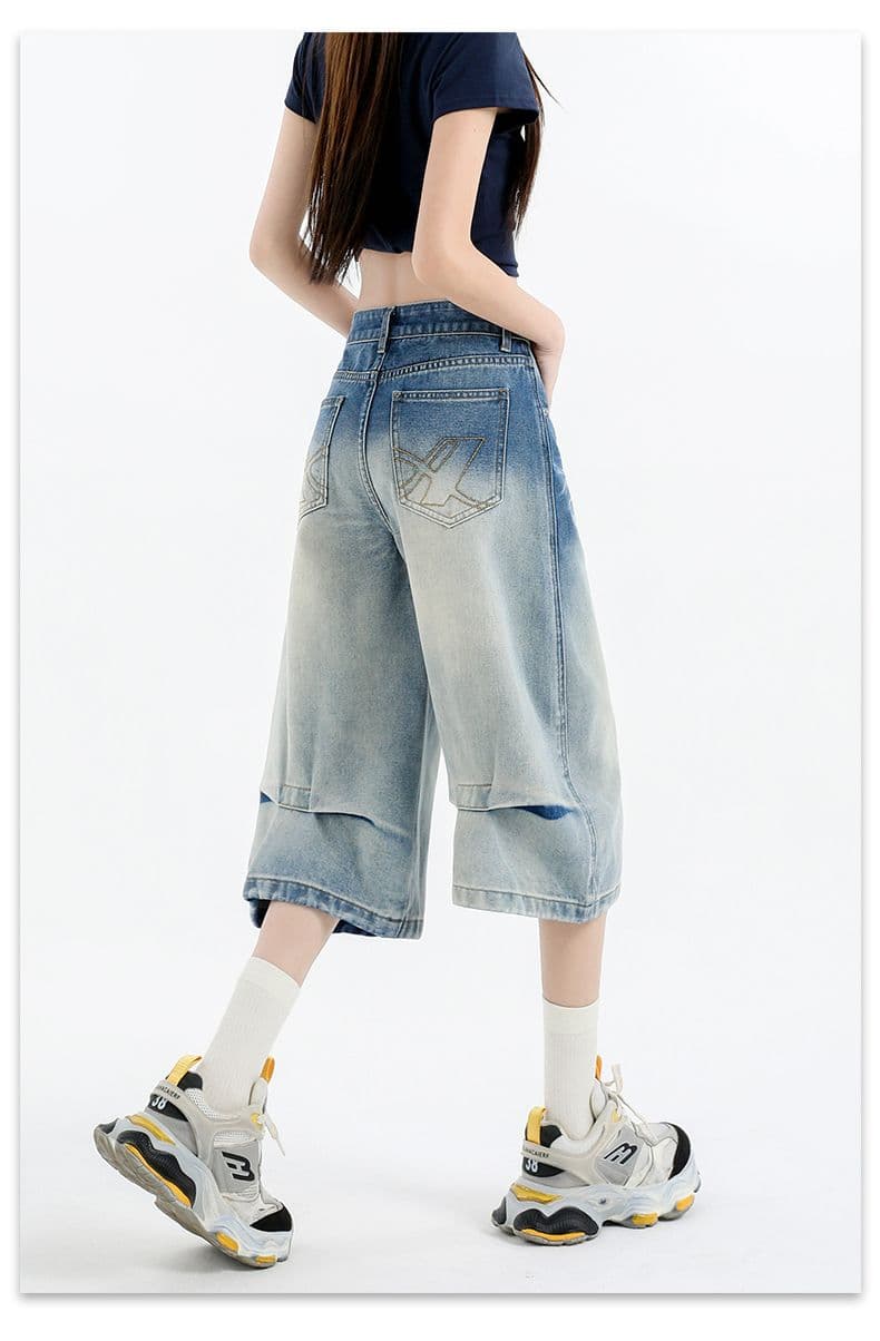 그라데이션 색상 데님 7부 바지 여성 여름 개성 바지 루즈핏 넓은 다리 높음 거리 작은 키 스트레이트 바지 여성 상세 이미지 8