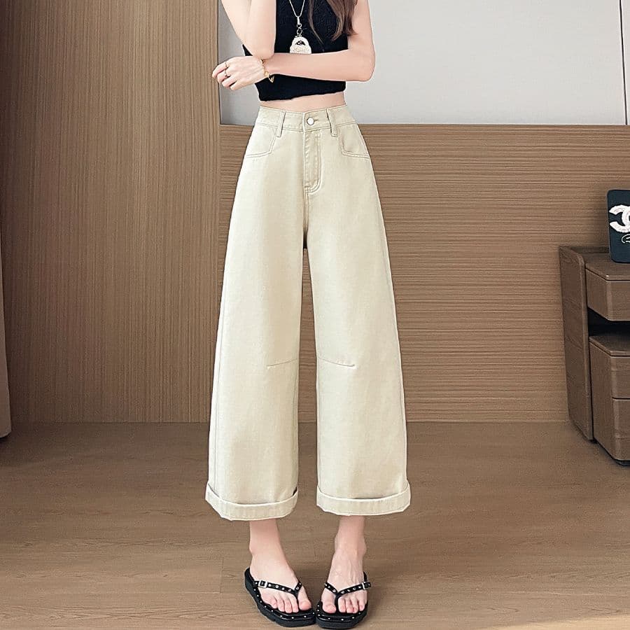 얕은 카키 색 얇은 스타일 넓은 다리 청바지 여성 작은 키 8 점 9부 바지 2026 여름 도루 센스 와이드 에디션 할머니 바지 이미지 2