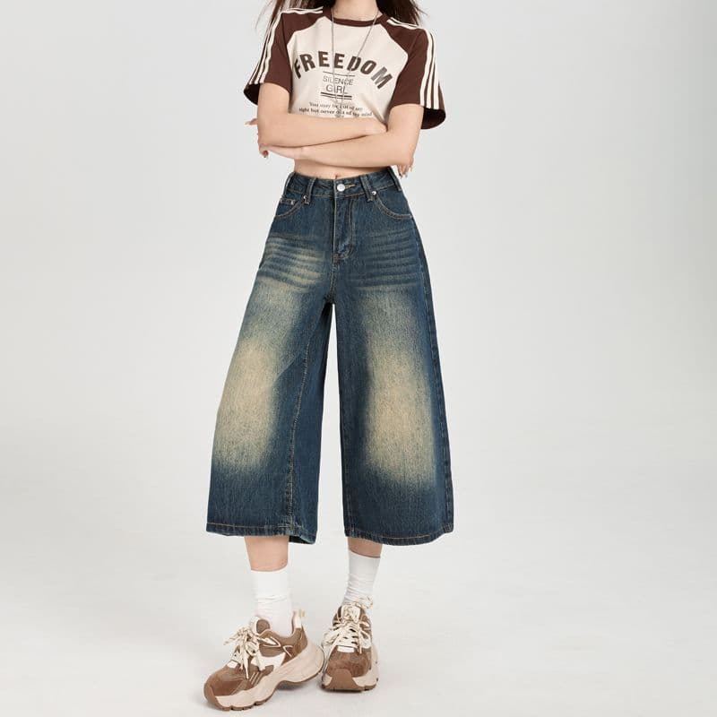 아메리칸 레트로 마 오래된 넓은 다리 7 분 청바지 여름 스트레이트 데님 바지 프로필 모양 7 점 반바지 이미지 4