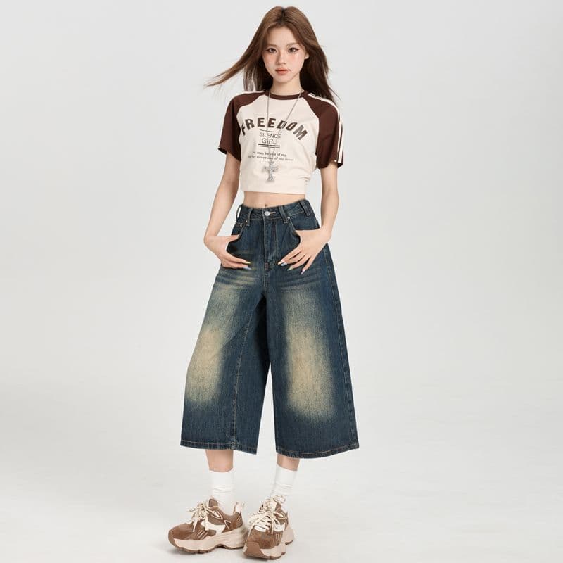 아메리칸 레트로 마 오래된 넓은 다리 7 분 청바지 여름 스트레이트 데님 바지 프로필 모양 7 점 반바지 이미지 5