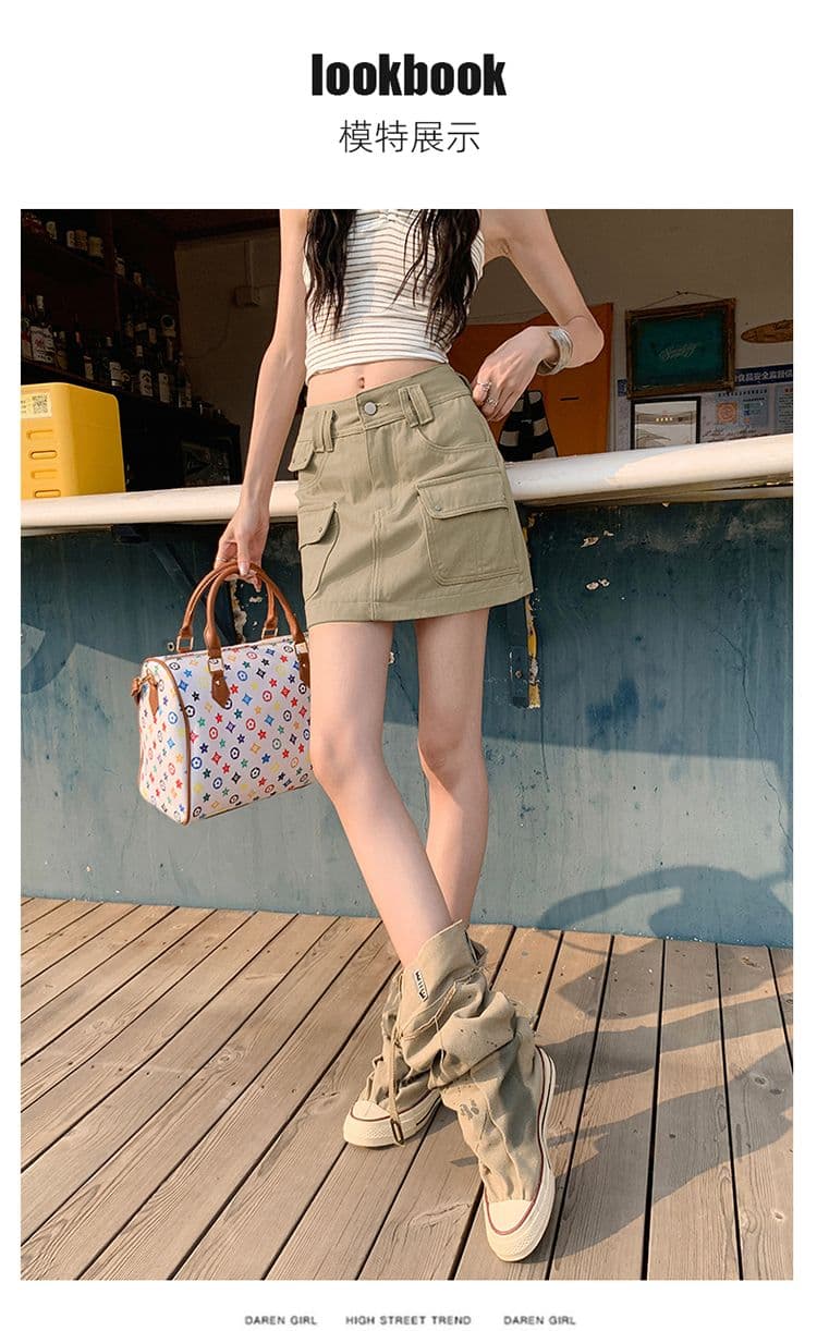 워크웨어 바람 기타 주머니 데님 미니 스커트 여성 여름 새로운 배 종류 슬림해 보이는 아메리칸 한 마디 반신 치마 상세 이미지 3
