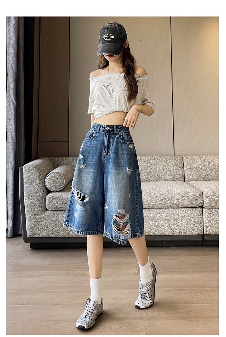 레트로 블루 찢어진 부분 넓은 다리 청바지 여성 여름 새로운 루즈핏 슬림해 보이는 작은 키 아메리칸 높음 거리 7 점 바지 상세 이미지 8