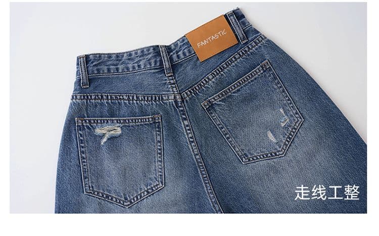 레트로 블루 찢어진 부분 넓은 다리 청바지 여성 여름 새로운 루즈핏 슬림해 보이는 작은 키 아메리칸 높음 거리 7 점 바지 상세 이미지 3