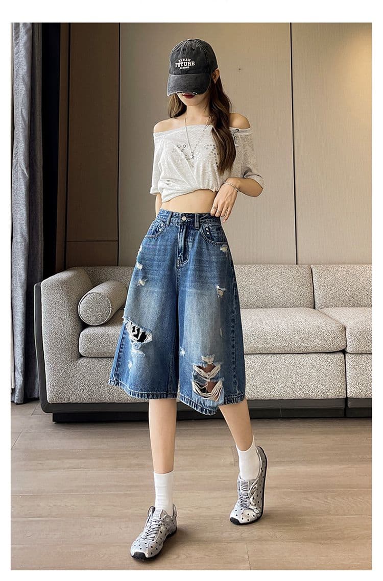 레트로 블루 찢어진 부분 넓은 다리 청바지 여성 여름 새로운 루즈핏 슬림해 보이는 작은 키 아메리칸 높음 거리 7 점 바지 상세 이미지 6