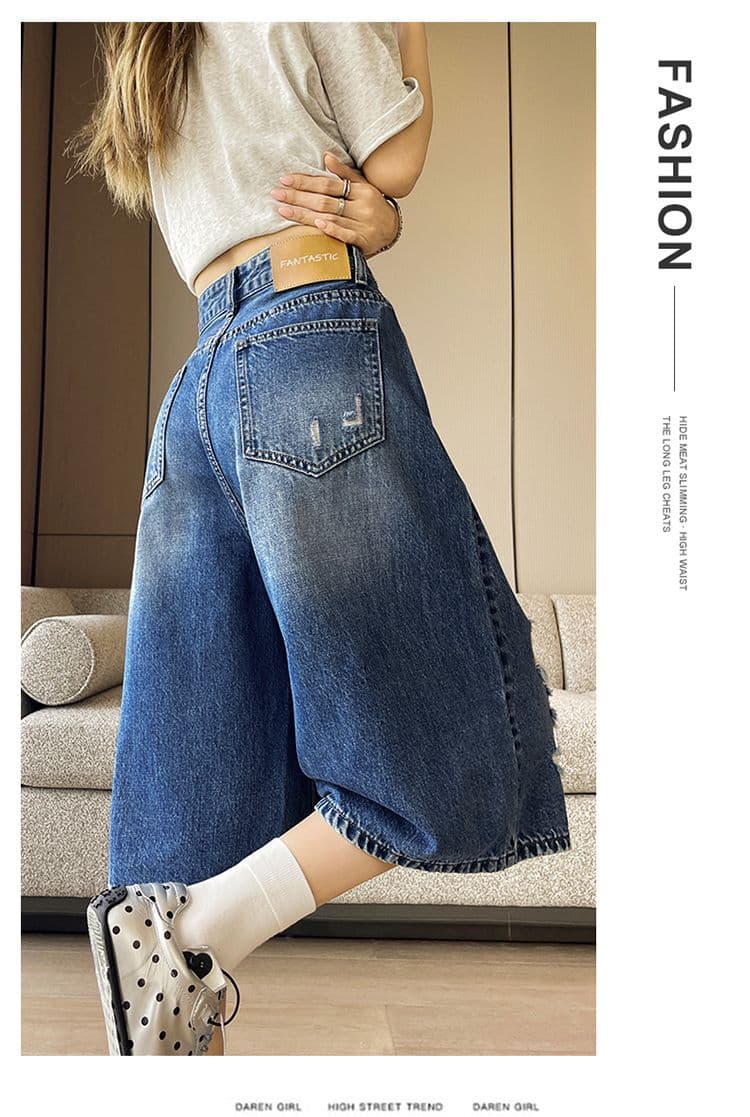 레트로 블루 찢어진 부분 넓은 다리 청바지 여성 여름 새로운 루즈핏 슬림해 보이는 작은 키 아메리칸 높음 거리 7 점 바지 상세 이미지 5