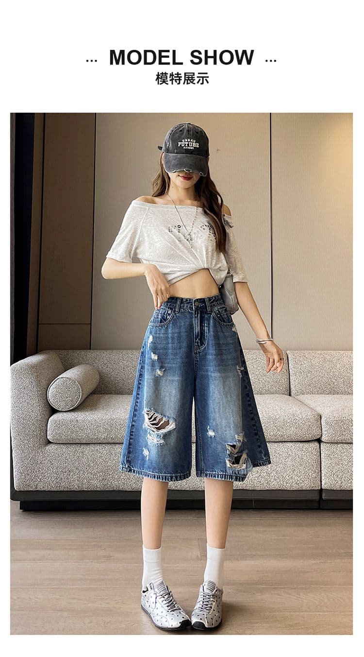 레트로 블루 찢어진 부분 넓은 다리 청바지 여성 여름 새로운 루즈핏 슬림해 보이는 작은 키 아메리칸 높음 거리 7 점 바지 상세 이미지 4