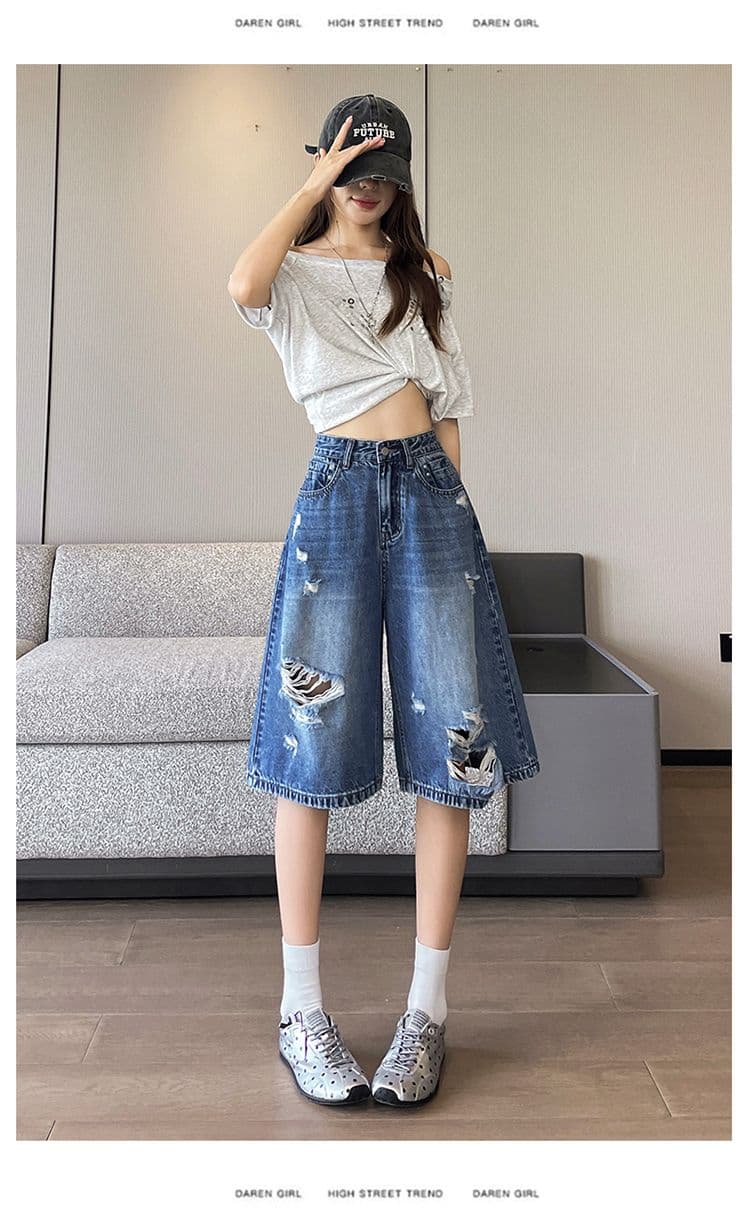 레트로 블루 찢어진 부분 넓은 다리 청바지 여성 여름 새로운 루즈핏 슬림해 보이는 작은 키 아메리칸 높음 거리 7 점 바지 상세 이미지 12