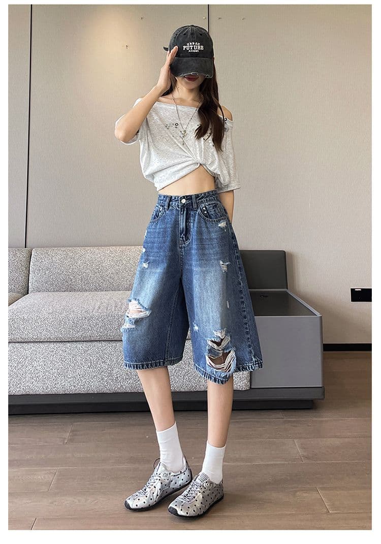 레트로 블루 찢어진 부분 넓은 다리 청바지 여성 여름 새로운 루즈핏 슬림해 보이는 작은 키 아메리칸 높음 거리 7 점 바지 상세 이미지 13