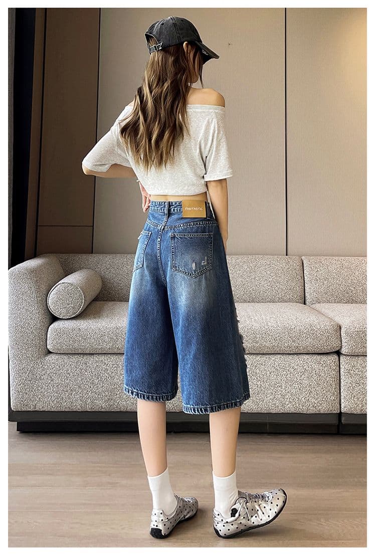 레트로 블루 찢어진 부분 넓은 다리 청바지 여성 여름 새로운 루즈핏 슬림해 보이는 작은 키 아메리칸 높음 거리 7 점 바지 상세 이미지 16