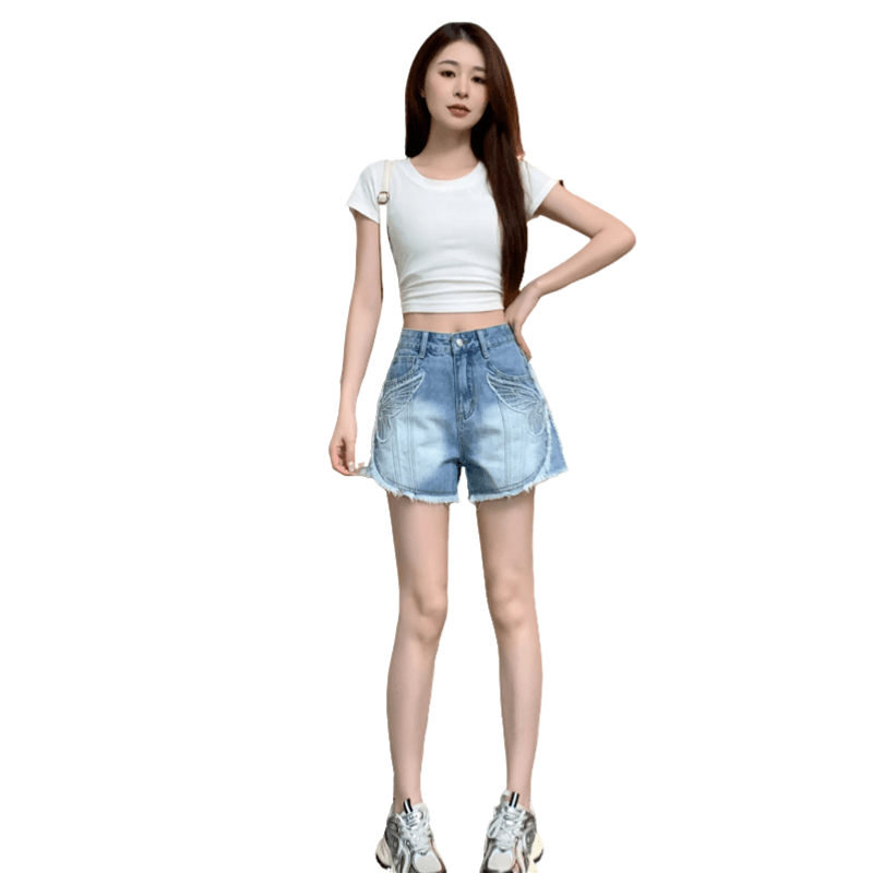레트로 노스탤지어 여름 새로운 자수 거친 가장자리 데님 반바지 여성 이미지 5