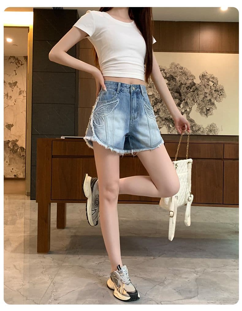 레트로 노스탤지어 여름 새로운 자수 거친 가장자리 데님 반바지 여성 상세 이미지 6