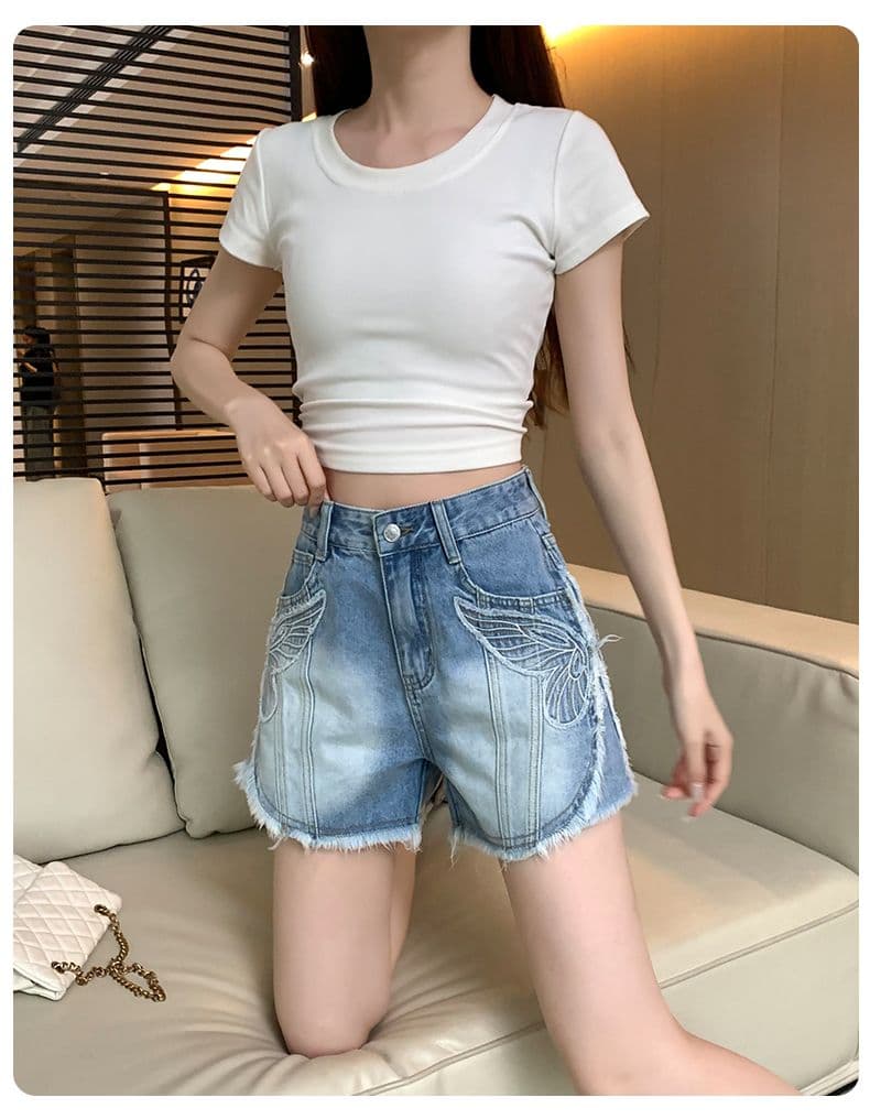 레트로 노스탤지어 여름 새로운 자수 거친 가장자리 데님 반바지 여성 상세 이미지 12