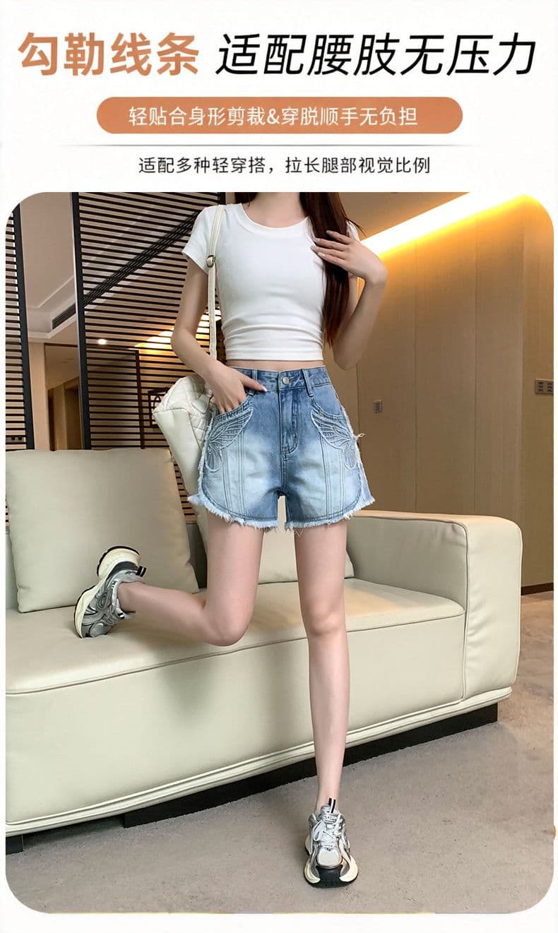 레트로 노스탤지어 여름 새로운 자수 거친 가장자리 데님 반바지 여성 상세 이미지 13