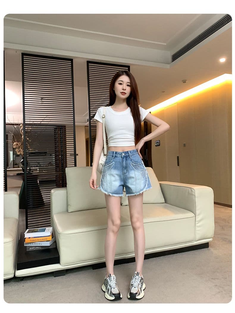 레트로 노스탤지어 여름 새로운 자수 거친 가장자리 데님 반바지 여성 상세 이미지 18