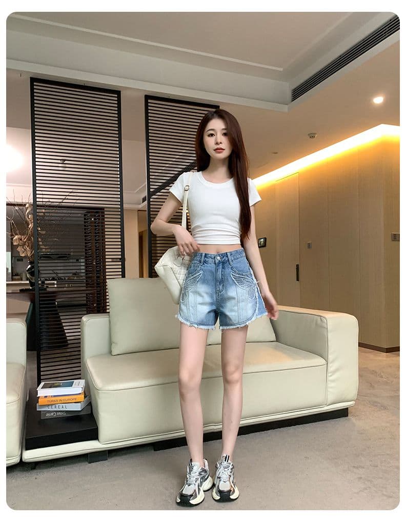 레트로 노스탤지어 여름 새로운 자수 거친 가장자리 데님 반바지 여성 상세 이미지 19