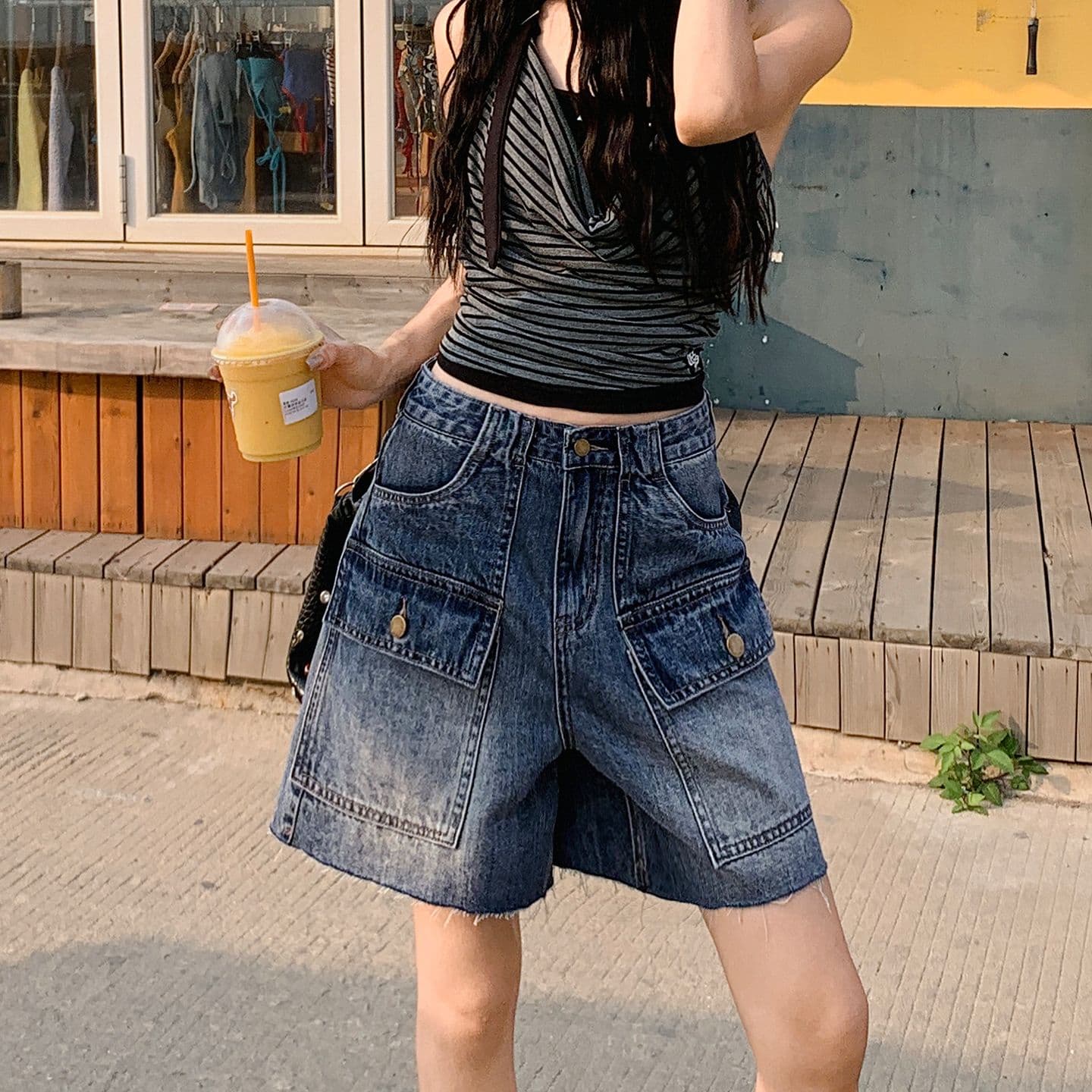 아메리칸 레트로 워크웨어 기타 주머니 5 점 청바지 여성 여름 새로운 하이웨이스트 루즈핏 슬림해 보이는 작은 키 반바지 이미지 2