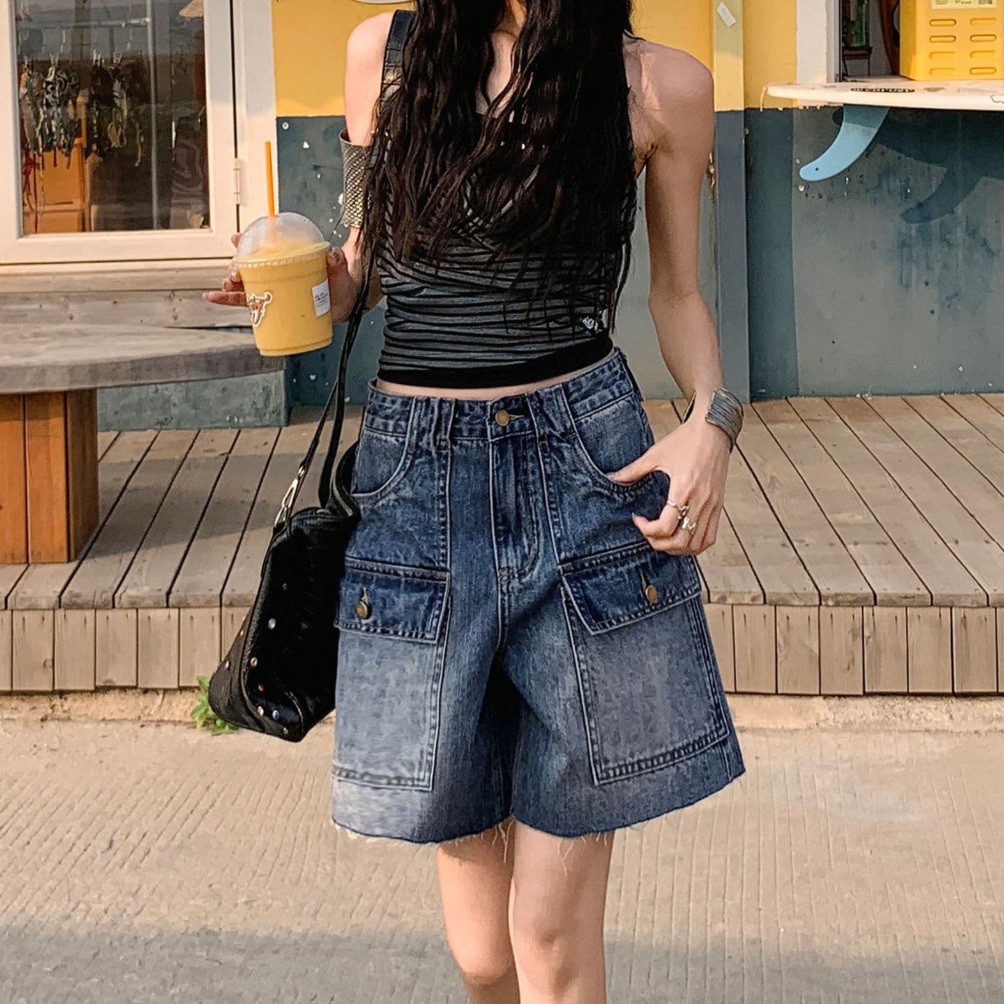 아메리칸 레트로 워크웨어 기타 주머니 5 점 청바지 여성 여름 새로운 하이웨이스트 루즈핏 슬림해 보이는 작은 키 반바지 이미지 4