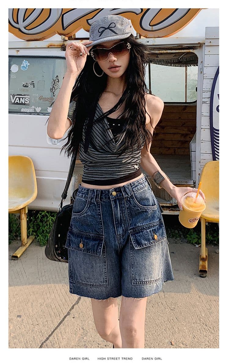 아메리칸 레트로 워크웨어 기타 주머니 5 점 청바지 여성 여름 새로운 하이웨이스트 루즈핏 슬림해 보이는 작은 키 반바지 상세 이미지 4
