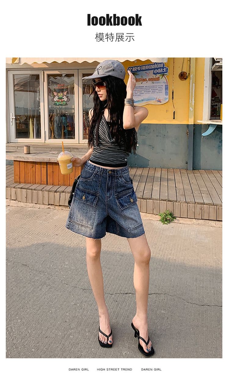 아메리칸 레트로 워크웨어 기타 주머니 5 점 청바지 여성 여름 새로운 하이웨이스트 루즈핏 슬림해 보이는 작은 키 반바지 상세 이미지 1