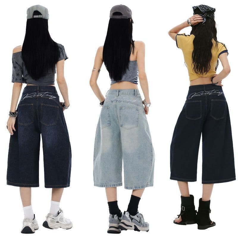 등 허리 알파벳 자수 디자인 모통이 칼 넓은 다리 바지 데님 7부 바지 여성 이미지 3