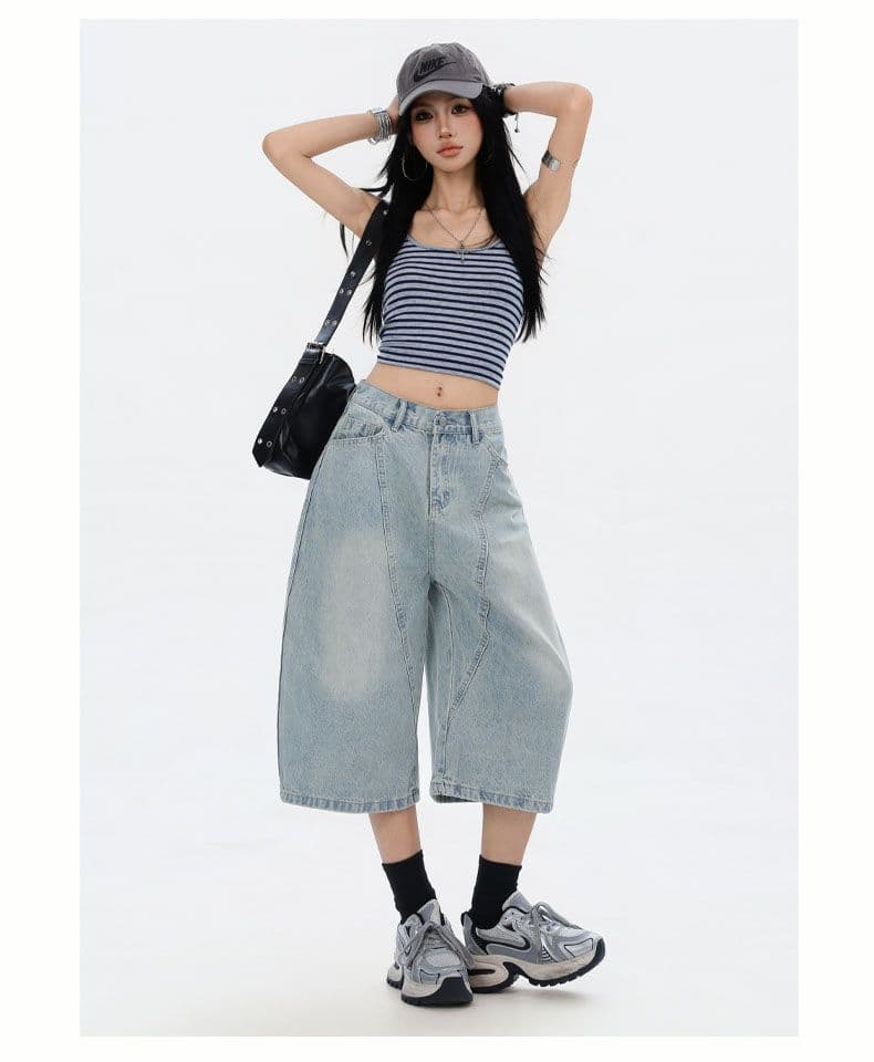 등 허리 알파벳 자수 디자인 모통이 칼 넓은 다리 바지 데님 7부 바지 여성 상세 이미지 9