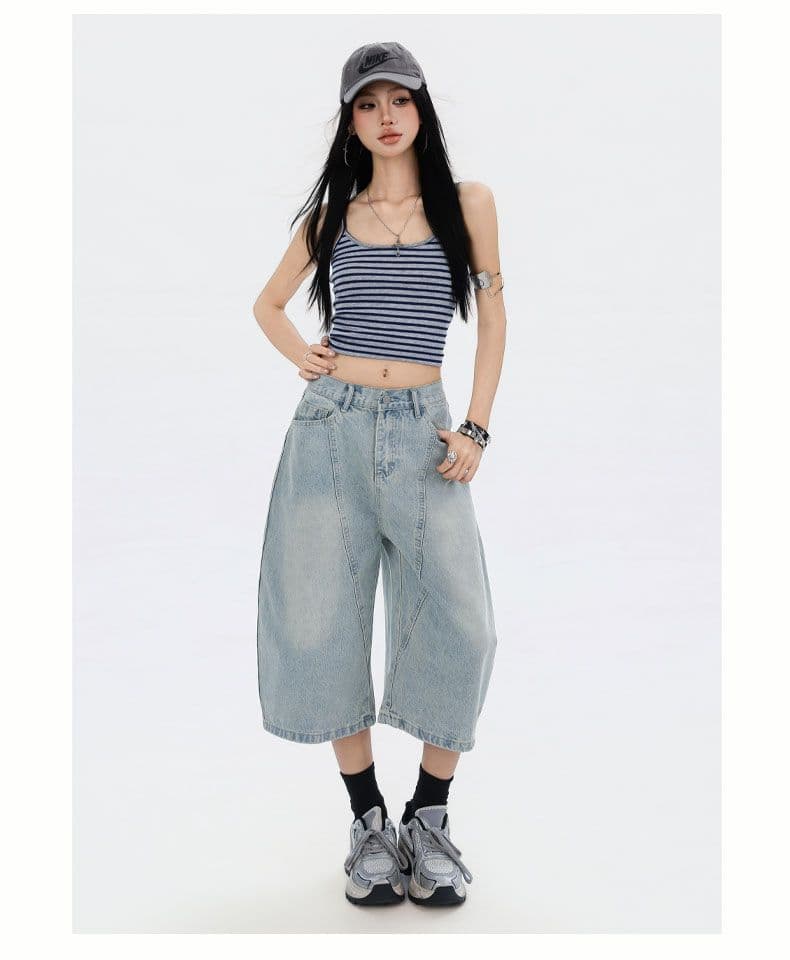 등 허리 알파벳 자수 디자인 모통이 칼 넓은 다리 바지 데님 7부 바지 여성 상세 이미지 12