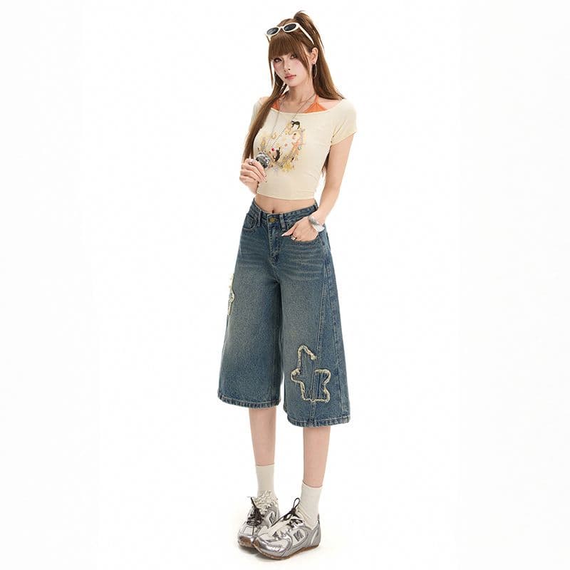 마 오래된 별 천 막대기 7부 바지 디자인 클래식 루즈핏 넓은 다리 스트레이트 데님 바지 이미지 3