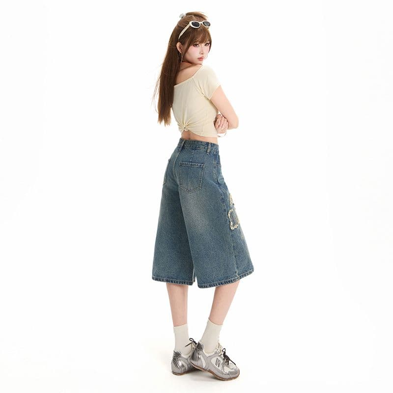 마 오래된 별 천 막대기 7부 바지 디자인 클래식 루즈핏 넓은 다리 스트레이트 데님 바지 이미지 5