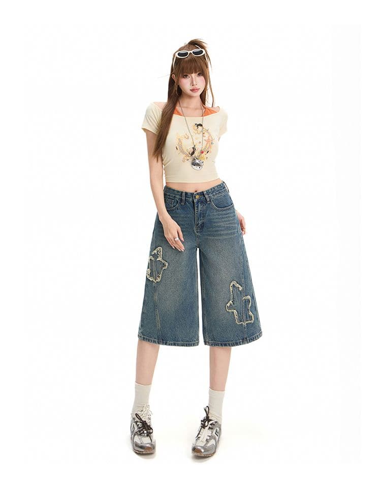 마 오래된 별 천 막대기 7부 바지 디자인 클래식 루즈핏 넓은 다리 스트레이트 데님 바지 상세 이미지 6