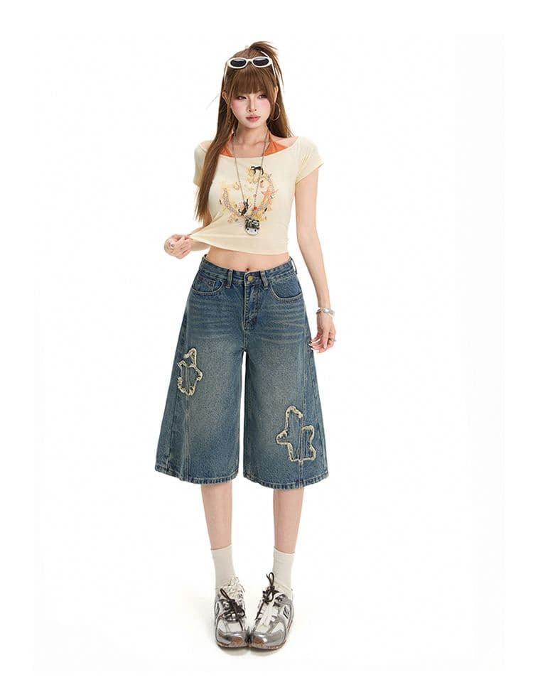 마 오래된 별 천 막대기 7부 바지 디자인 클래식 루즈핏 넓은 다리 스트레이트 데님 바지 상세 이미지 3