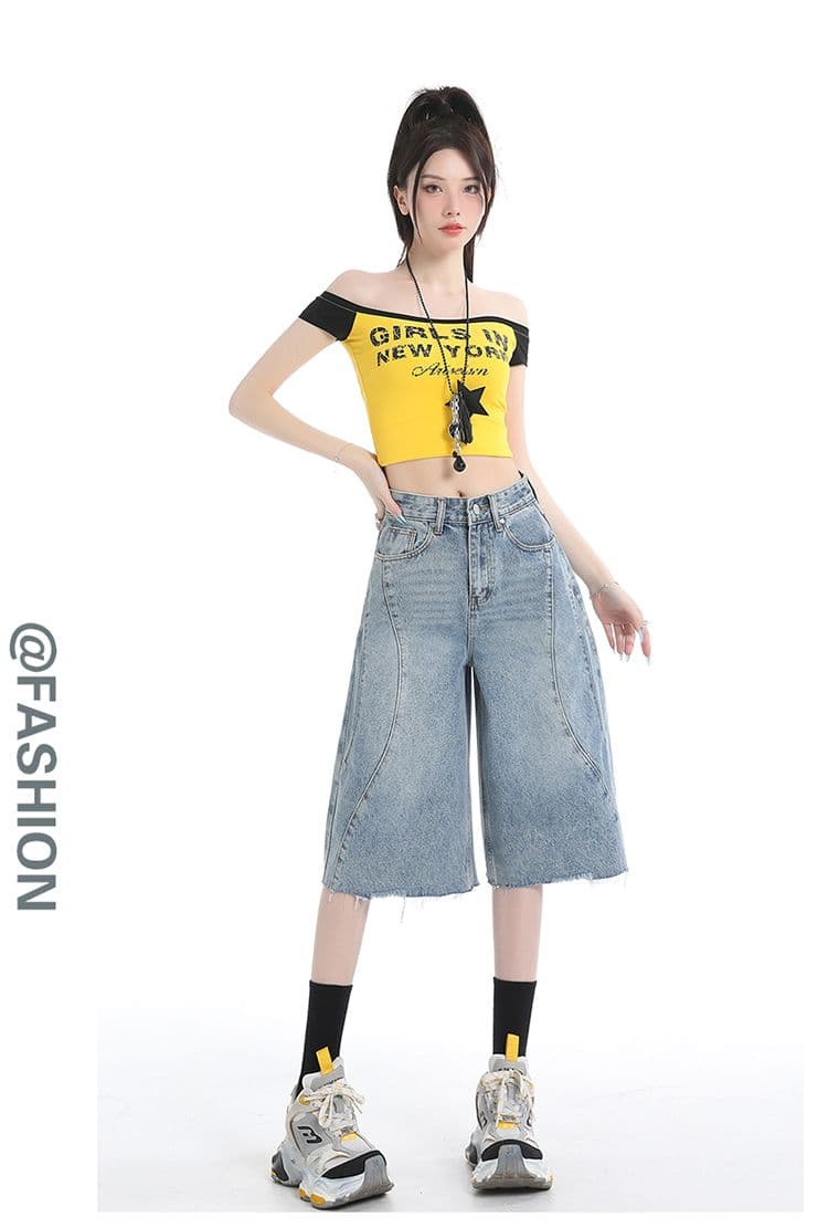 레트로 워싱 거친 가장자리 넓은 다리 청바지 여성 여름 새로운 하늘색 하이웨이스트 7 점 바지 상세 이미지 4