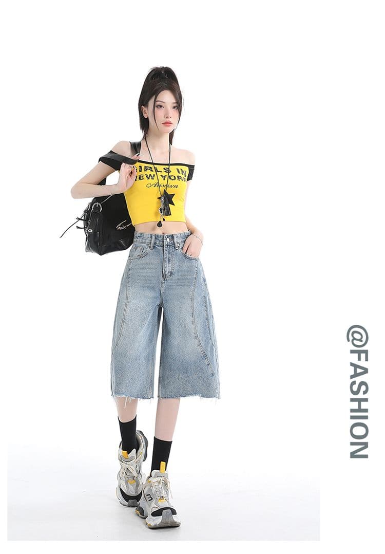 레트로 워싱 거친 가장자리 넓은 다리 청바지 여성 여름 새로운 하늘색 하이웨이스트 7 점 바지 상세 이미지 2