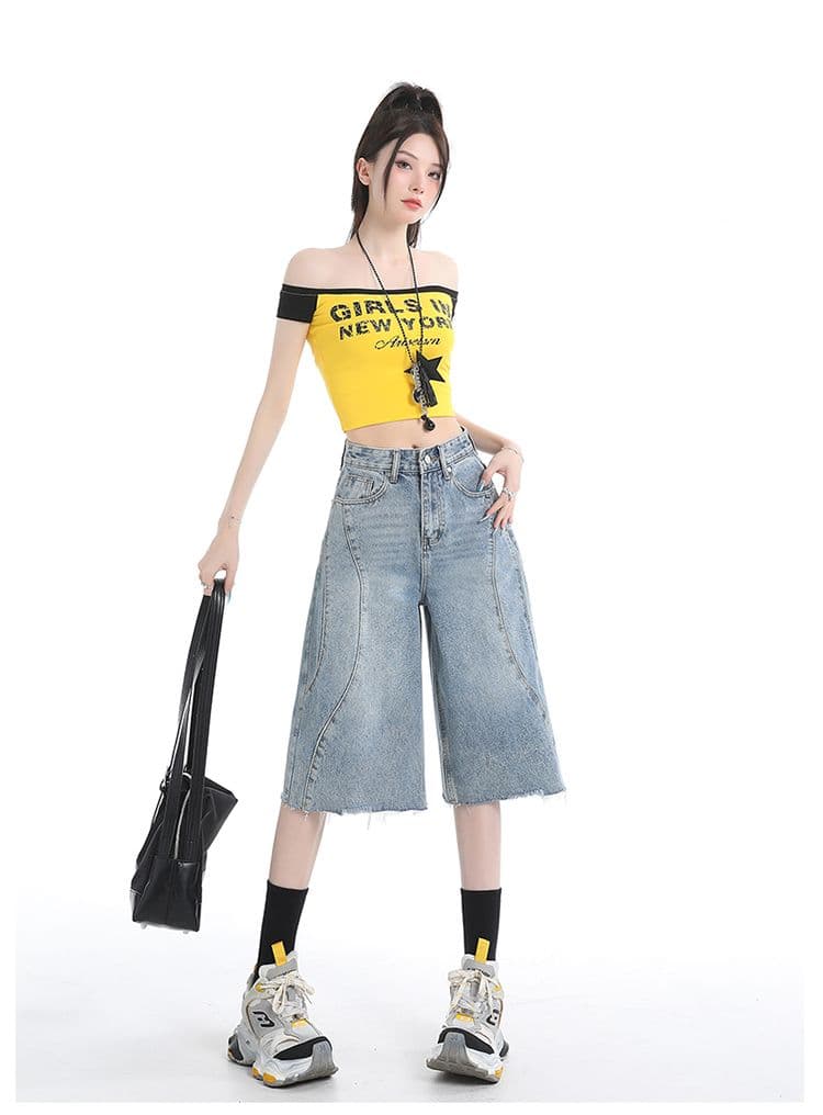 레트로 워싱 거친 가장자리 넓은 다리 청바지 여성 여름 새로운 하늘색 하이웨이스트 7 점 바지 상세 이미지 1