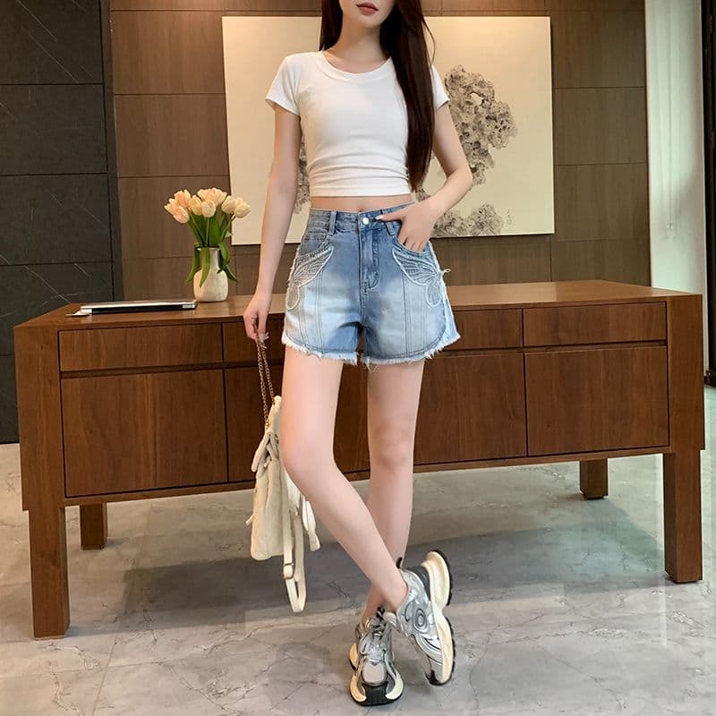 아메리칸 레트로 노스탤지어 여름 새로운 자수 거친 가장자리 데님 반바지 여성 이미지 4