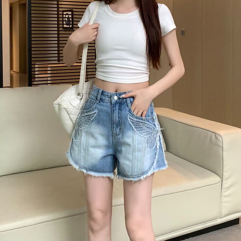 아메리칸 레트로 노스탤지어 여름 새로운 자수 거친 가장자리 데님 반바지 여성