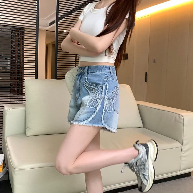 아메리칸 레트로 노스탤지어 여름 새로운 자수 거친 가장자리 데님 반바지 여성 이미지 2