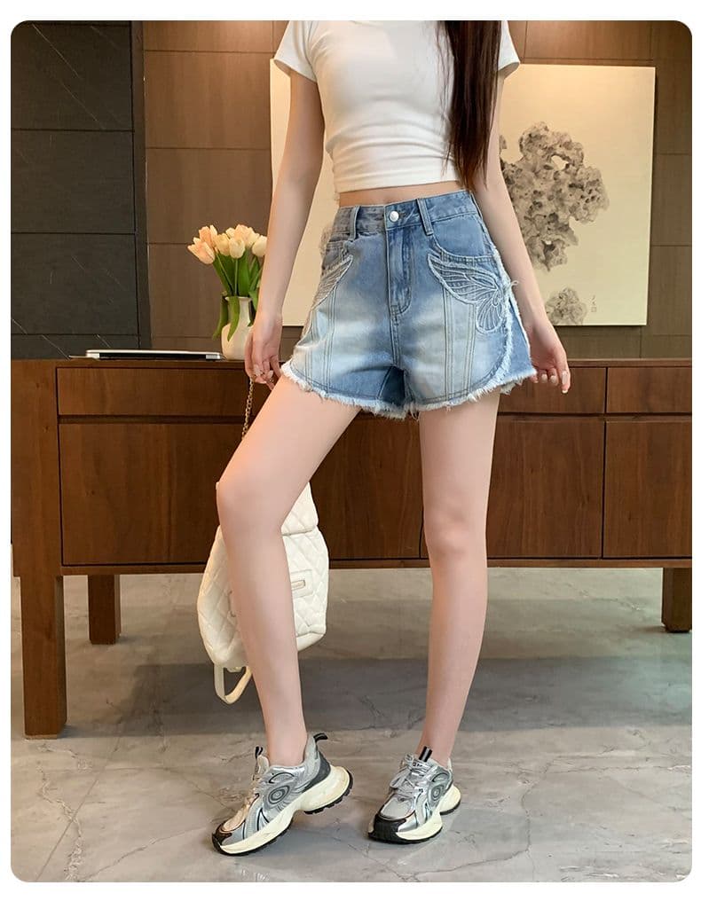 아메리칸 레트로 노스탤지어 여름 새로운 자수 거친 가장자리 데님 반바지 여성 상세 이미지 6