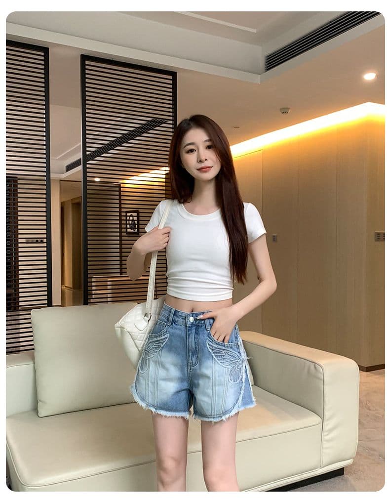 아메리칸 레트로 노스탤지어 여름 새로운 자수 거친 가장자리 데님 반바지 여성 상세 이미지 1