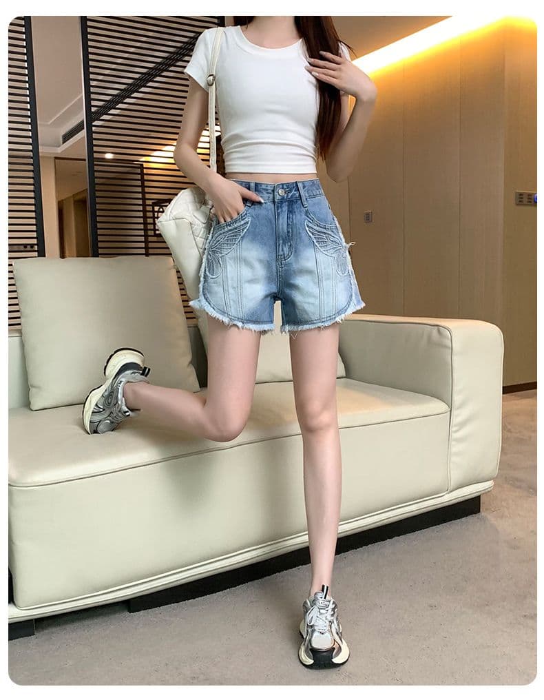아메리칸 레트로 노스탤지어 여름 새로운 자수 거친 가장자리 데님 반바지 여성 상세 이미지 3
