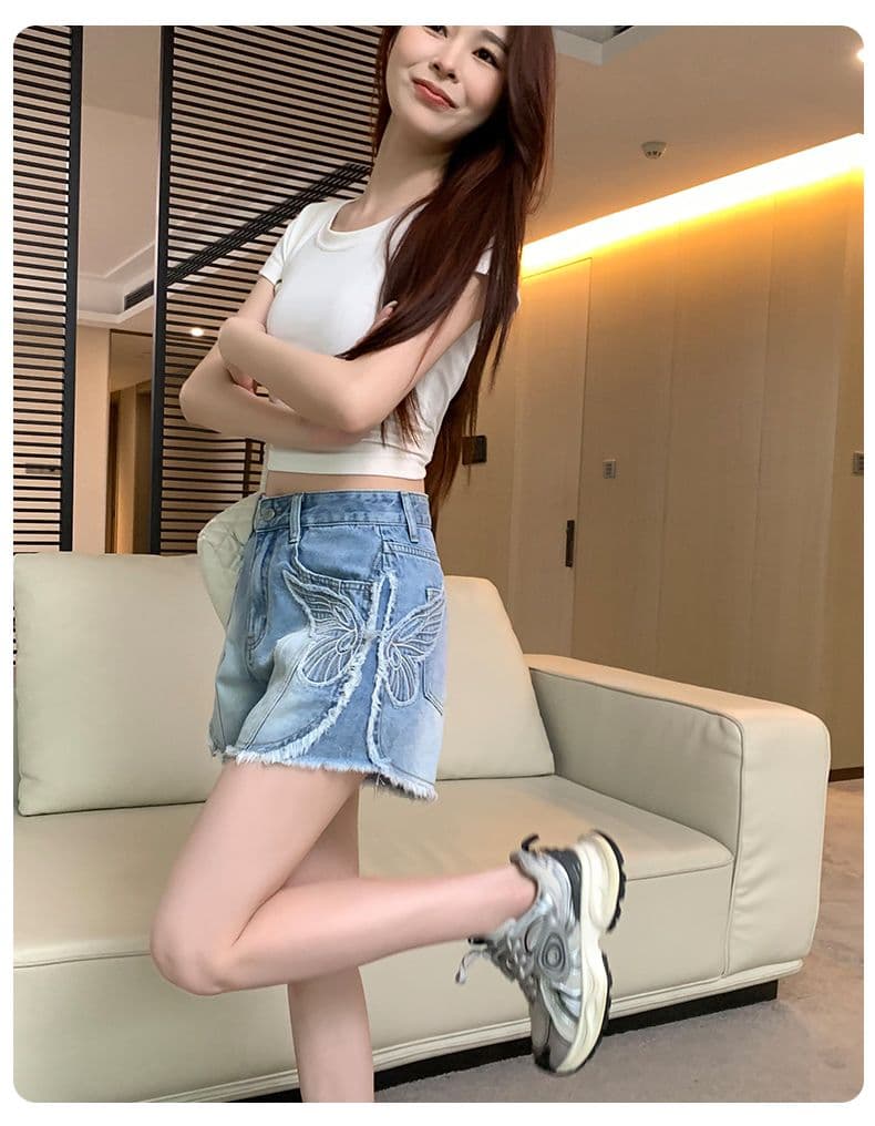 아메리칸 레트로 노스탤지어 여름 새로운 자수 거친 가장자리 데님 반바지 여성 상세 이미지 2