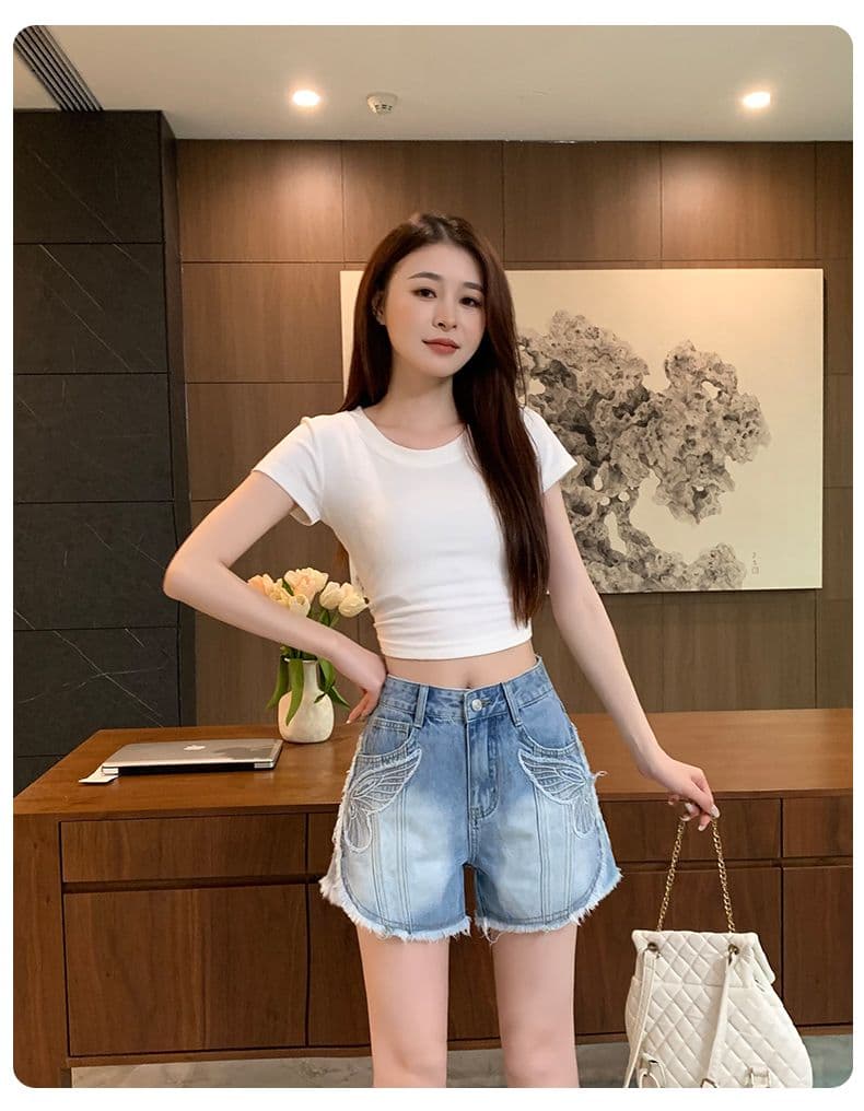 아메리칸 레트로 노스탤지어 여름 새로운 자수 거친 가장자리 데님 반바지 여성 상세 이미지 5
