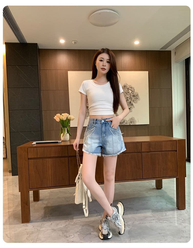 아메리칸 레트로 노스탤지어 여름 새로운 자수 거친 가장자리 데님 반바지 여성 상세 이미지 4