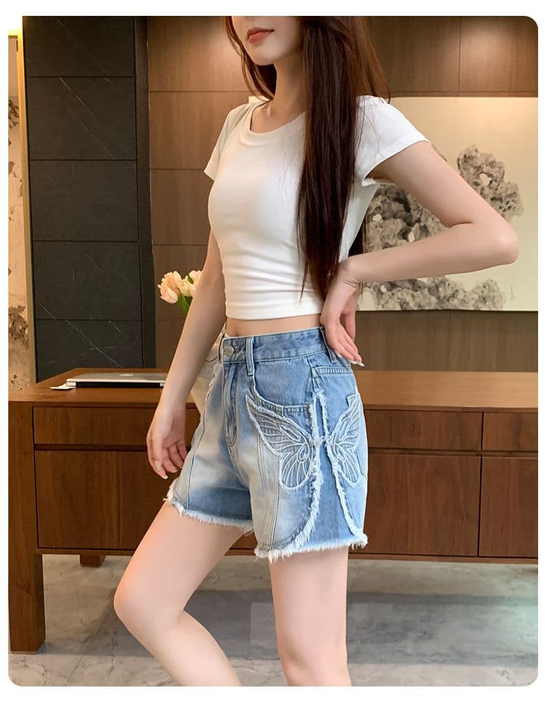 아메리칸 레트로 노스탤지어 여름 새로운 자수 거친 가장자리 데님 반바지 여성 상세 이미지 9