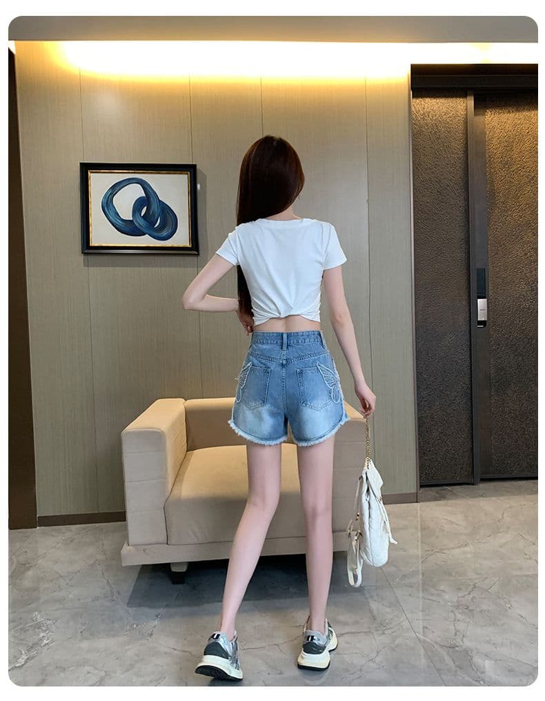 아메리칸 레트로 노스탤지어 여름 새로운 자수 거친 가장자리 데님 반바지 여성 상세 이미지 12