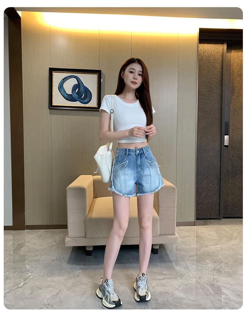 아메리칸 레트로 노스탤지어 여름 새로운 자수 거친 가장자리 데님 반바지 여성 상세 이미지 10