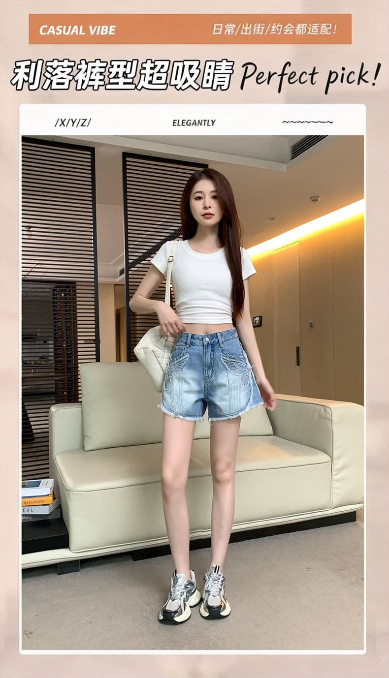 아메리칸 레트로 노스탤지어 여름 새로운 자수 거친 가장자리 데님 반바지 여성 상세 이미지 11