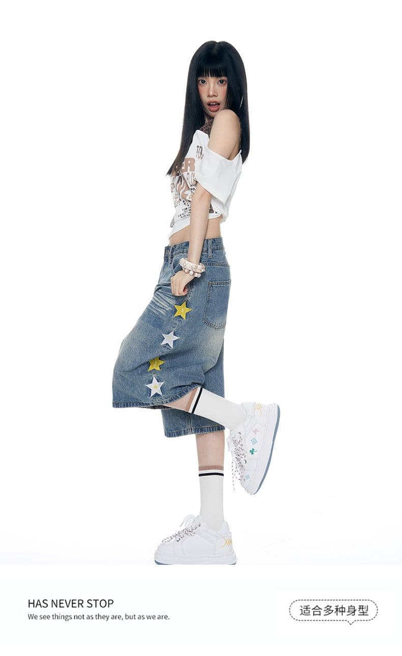 아메리칸 별 자수 워싱 데님 7부 바지 2026 년 새로운 여름 슬림해 보이는 넓은 다리 캐주얼 바지 상세 이미지 4