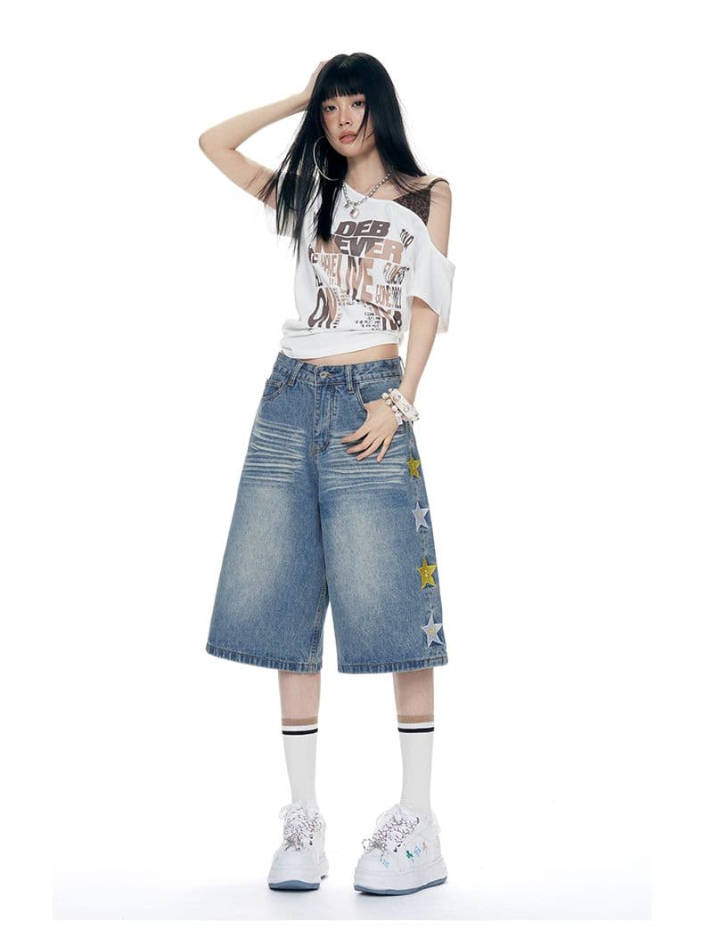 아메리칸 별 자수 워싱 데님 7부 바지 2026 년 새로운 여름 슬림해 보이는 넓은 다리 캐주얼 바지 상세 이미지 3